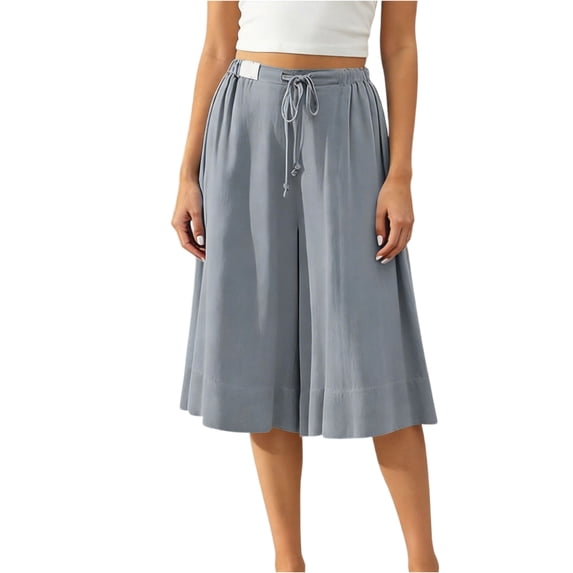 Women's Linen Capri Pants Flowy Wide Leg Drawstring Culottes Summer Pleated Loose Elastic Waist Pants with Pockets, M