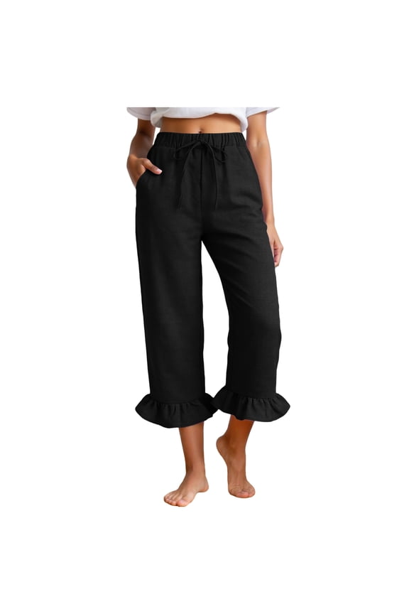 Women’s Linen Capri Pants High Waisted Lightweight Drawstring Wide Leg Flared Ruffle Hem Palazzo Pants with Pocket