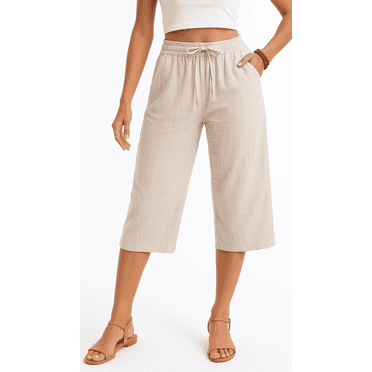 Women's Linen Capri Yoga Pants Drawstring Elastic High Waisted Palazzo Flared Wide Leg Sweatpants with Pockets Workout Trousers Ladies Summer