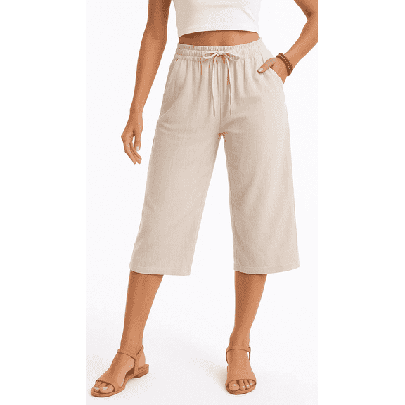 MLDRA Women’s Linen Capri Pants Cropped Wide Leg Palazzo Yoga Casual Pants Elastic Waist Loose Fit with Pockets Summer Apricot