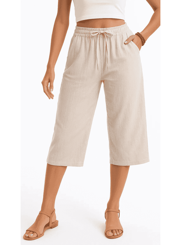 Women’s Linen Capri Pants Cropped Wide Leg Palazzo Yoga Casual Pants Elastic Waist Loose Fit with Pockets Summer Apricot