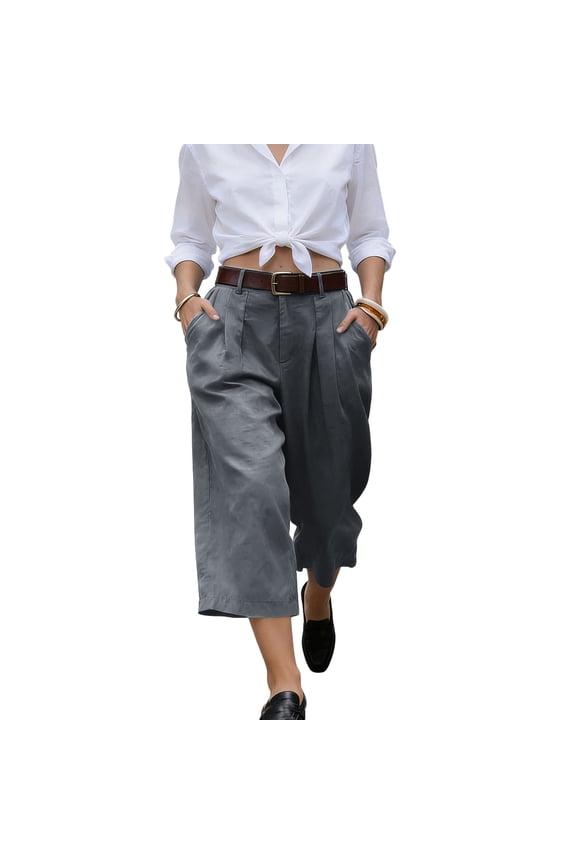 Women's Linen Capri Pants Wide Leg Palazzo Pant Cotton Dressy Casual Cropped Gaucho Pants Summer Culottes with Pockets