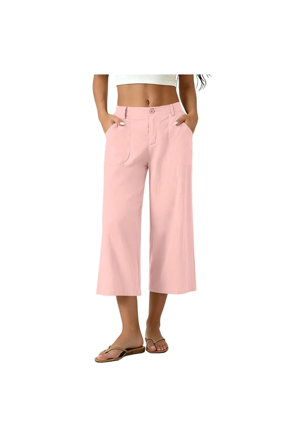 Women's Linen Capri Pants Wide Leg Straight Casual Summer High Waisted Pants Palazzo Lounge Cropped Trousers with Pockets