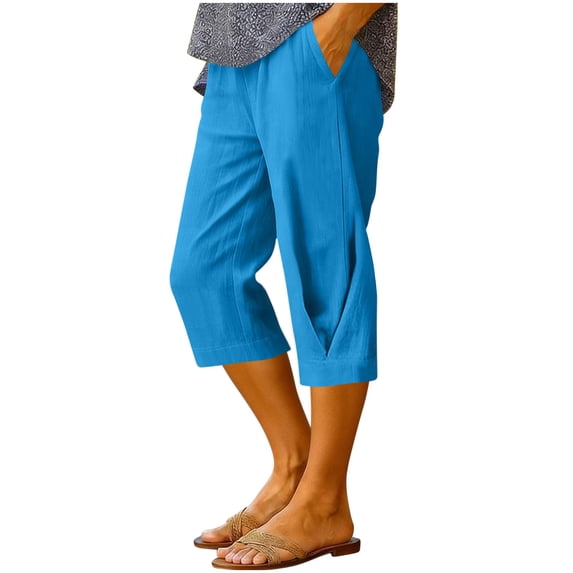 Women's Linen Capri Pants with Drawstring Lightweight Elastic Waist Summer Beach Pants