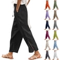 thumbnail image 1 of Women's Linen Capri Pants with Drawstring Petite Summer Beachwear Lightweight Elastic Waist Pants with Side Button 2026 Fashion Navy, Size XL, 1 of 5
