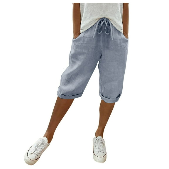 Women's Linen Capris 2025 Summer Casual Plus Size Pants Elastic High Waisted Drawstring Rolled Hem Shorts with Pockets S-3XL