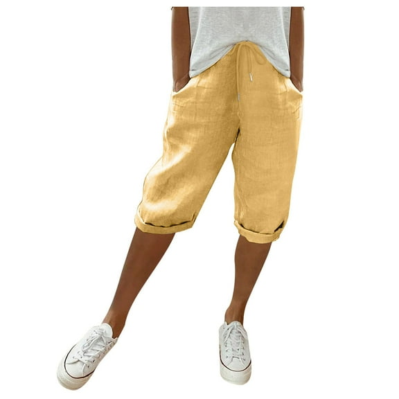 Women's Linen Capris 2025 Summer Casual Plus Size Pants Elastic High Waisted Drawstring Rolled Hem Shorts with Pockets S-3XL