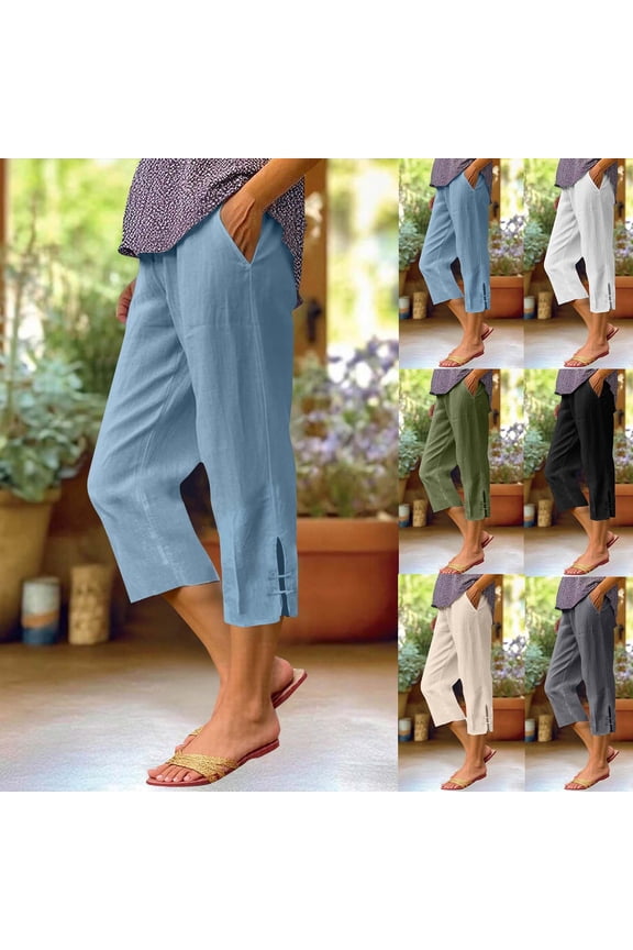 Women's Linen Capris, Elastic Waist with Pockets, Stretchy and Breathable for Casual Daily, Summer Beach, | TOPLIU,Beige L