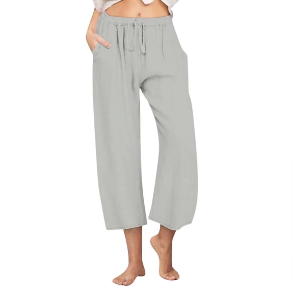 Women’s Linen Capris Pants, Summer Elastic Waist Drawstring Casual Trousers, Lightweight Beach Pants,Gray,4XL