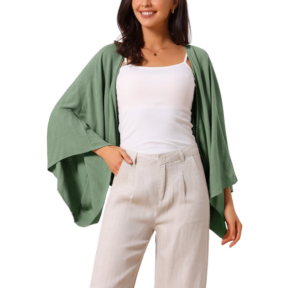 Women's Linen Cardigan Spring Summer 3/4 Sleeve Open Front Loose Cover Ups Lightweight Shrug L Army Green