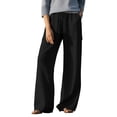 thumbnail image 1 of Women's Linen Cargo Pants, Drawstring Elastic Waist Solid Straight Leg Travel Casual Summer Long Pants Trousers with Pockets, Black, XL, 1 of 9