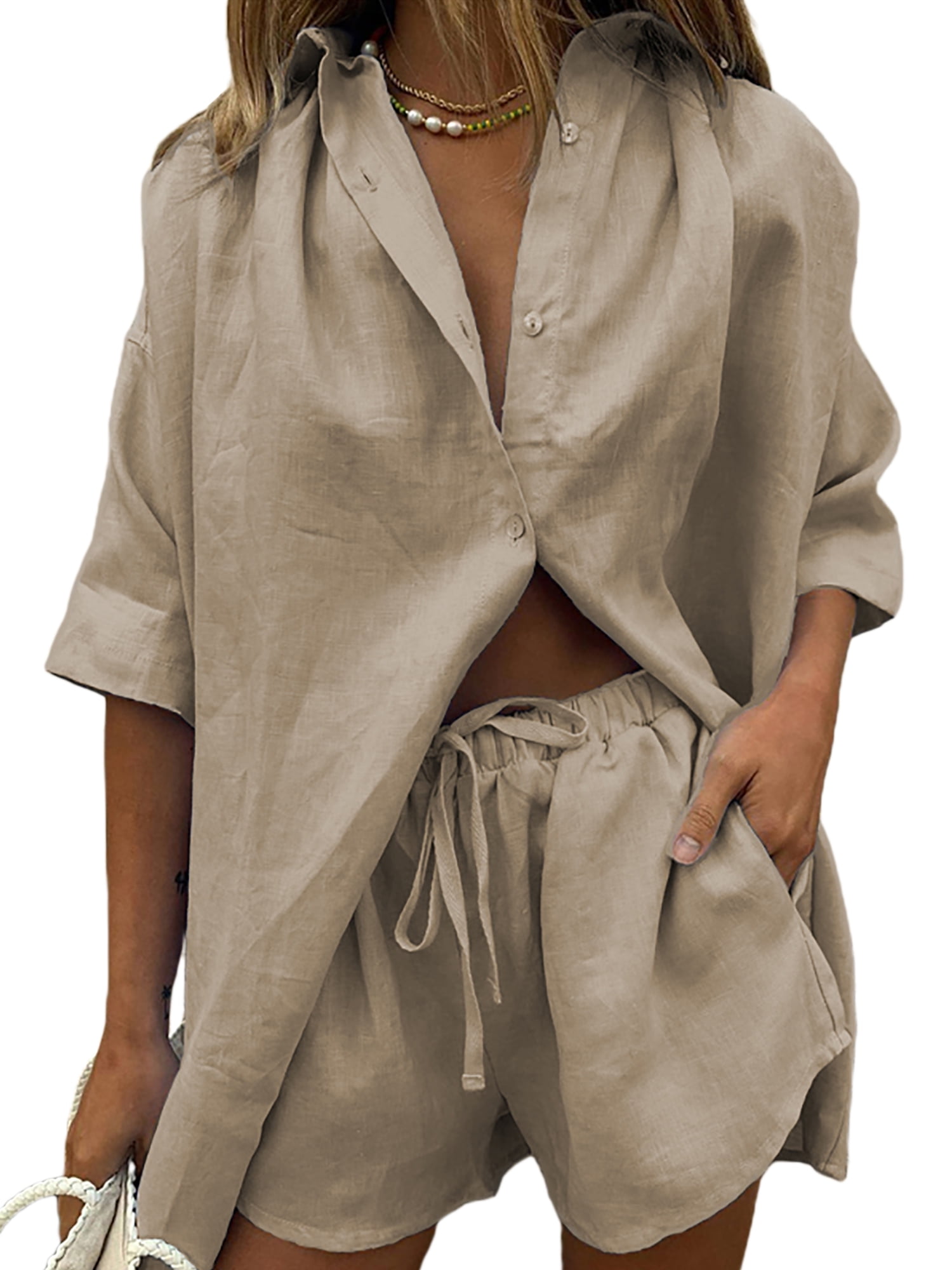 Women's Linen Casual 2 Piece Outfit Set Oversized Shirt + Shorts with  Pockets 