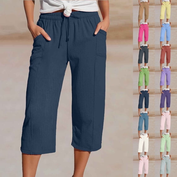 Women's Linen Casual High Waist Capris with Pockets (Dark Blue XXL)