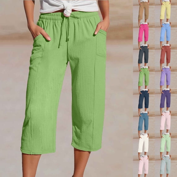 Women's Linen Casual High Waist Capris with Pockets (Green L)