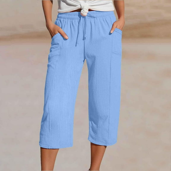 Women's Linen Casual High Waist Capris with Pockets (Sky Blue S)