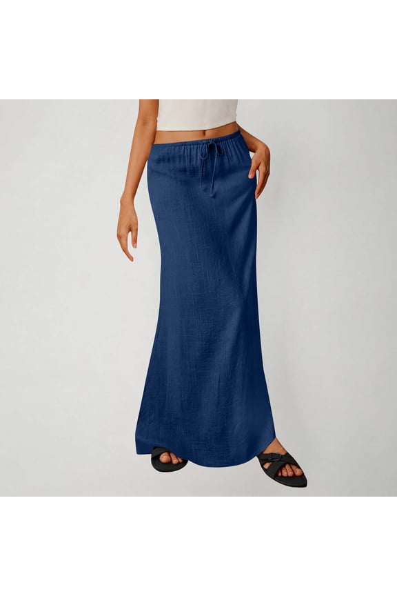 Women's Linen Casual High Waisted Maxi Skirt Drawstring Elastic Waist Full Length A-Line Flowy Skirt Lightweight Breathable Solid Texture Summer Beach Vacation
