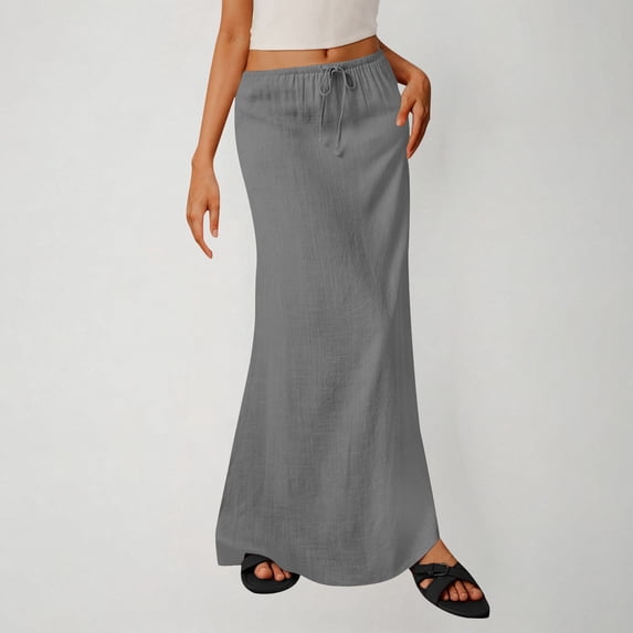 Women's Linen Casual High Waisted Maxi Skirt Drawstring Elastic Waist Full Length A-Line Flowy Skirt Lightweight Breathable Solid Texture Summer Beach Vacation