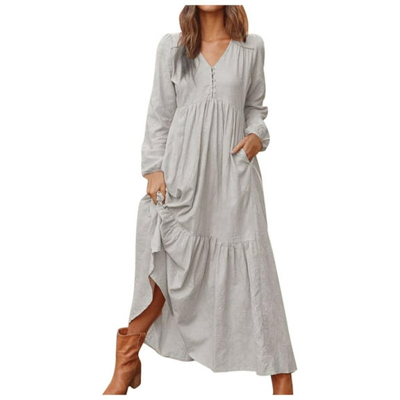 Women's Linen Casual Long Sleeve Maxi Dress Flowy Flared Skirt Comfortable Elegant Boho Summer Outfit