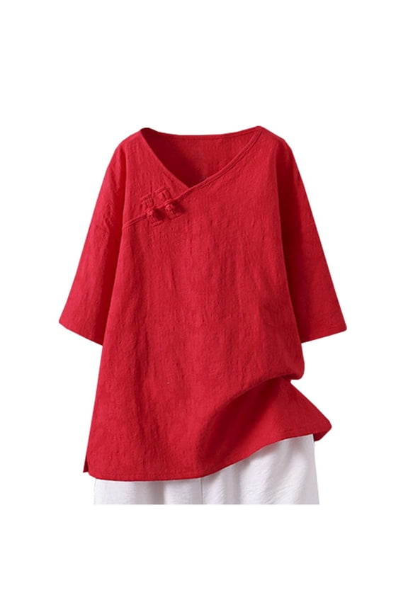 Women's Linen Casual Loose Fit Button Tops Blouse,V Neck Cotton Linen Retro Hanfu Irregular Shirt Tops 2026 Trendy