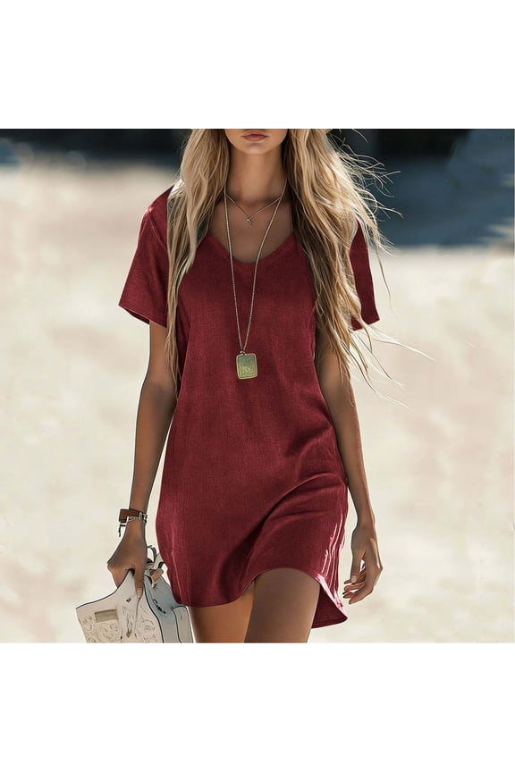 Women's Linen Casual Mini T-Shirt Dress V-Neck Short Sleeve Loose Fit Breathable Cotton Blend Summer Lounge Wear Daily Basic Straight Shift Dress Lightweight Short Sundress