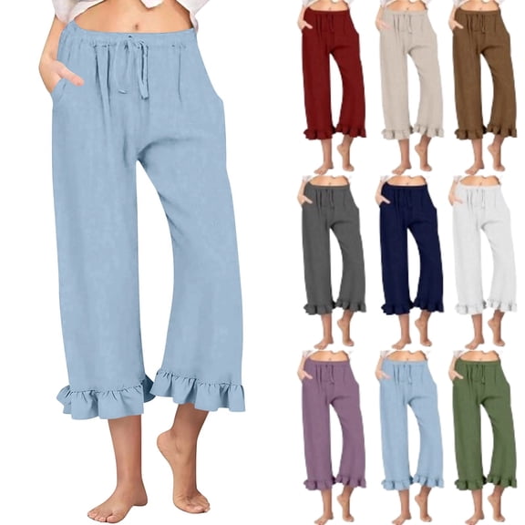 Women's Linen Casual Pants Flared Wide Leg Drawstring Ruffle Harem Palazzo Pants with Pockets, Light Blue L