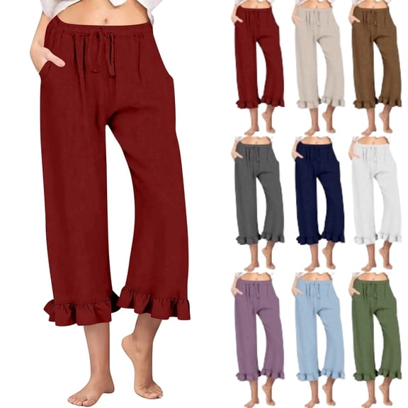 Women's Linen Casual Pants Flared Wide Leg Drawstring Ruffle Harem Palazzo Pants with Pockets, Wine L