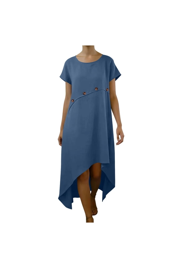 Women's Linen Casual Summer High-Low Midi Dress Short Sleeve Crew Neck Button Decor Asymmetric Hem A-Line Shift Dress Flowy Loose Fit Lightweight Daily Wear
