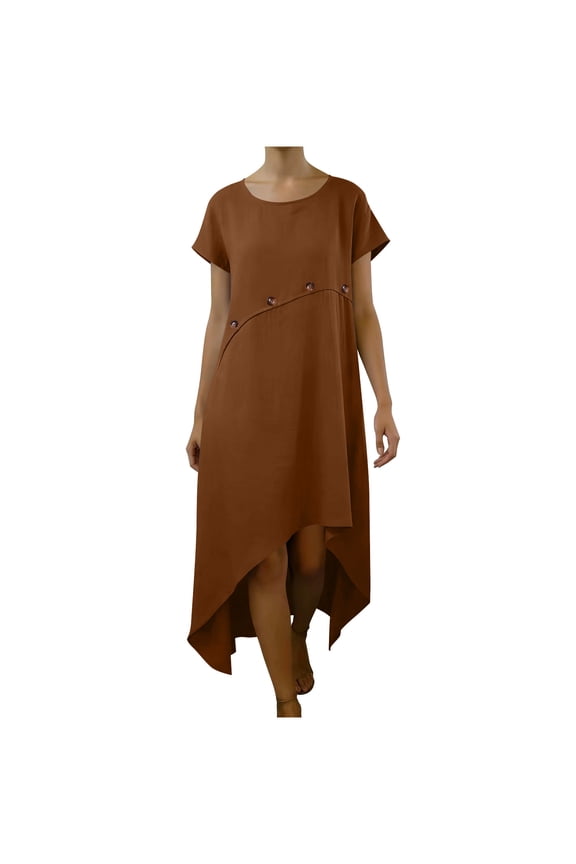 Women's Linen Casual Summer High-Low Midi Dress Short Sleeve Crew Neck Button Decor Asymmetric Hem A-Line Shift Dress Flowy Loose Fit Lightweight Daily Wear