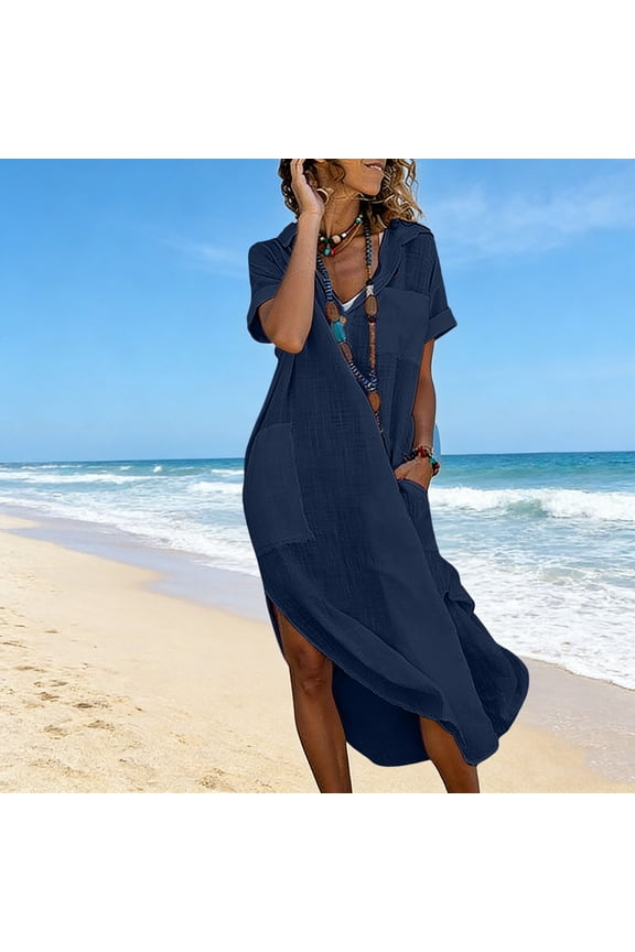 Women's Linen Casual Summer Midi Shirt Dress Short Sleeve V-Neck Lapel Loose Fit Shift Dress with Pockets Breathable Lightweight Cotton Style Daily Wear