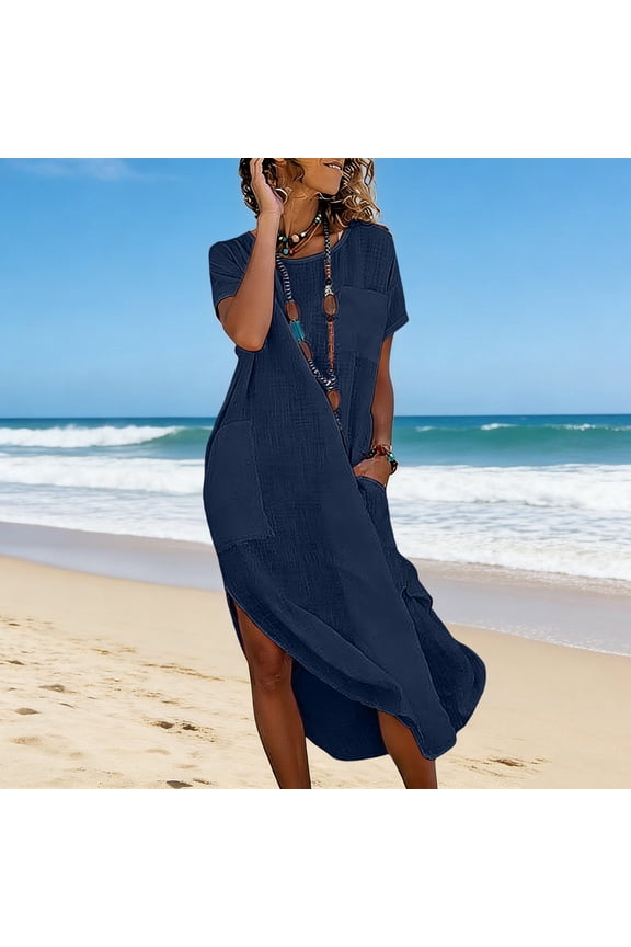 Women's Linen Casual Summer Midi T-Shirt Dress Short Sleeve Round Neck Loose Fit Shift Dress with Pockets Breathable Lightweight Cotton Style Daily Wear