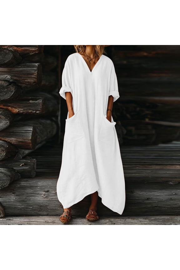 Women's Linen Casual V-Neck Maxi Dress Loose Fit Long Sleeve Cotton Kaftan Dress with Pockets Oversized Flowy Robe For Daily Loungewear Vacation Travel