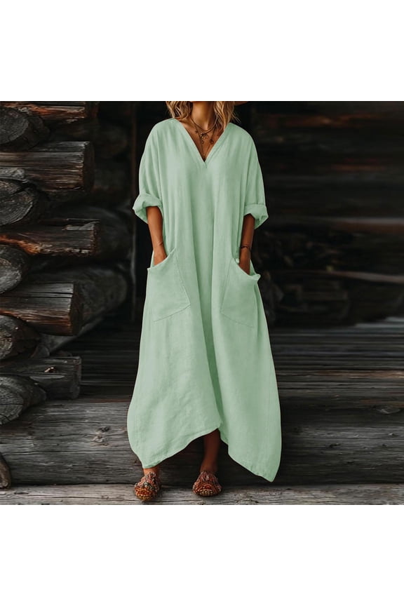 Women's Linen Casual V-Neck Maxi Dress Loose Fit Long Sleeve Cotton Kaftan Dress with Pockets Oversized Flowy Robe For Daily Loungewear Vacation Travel