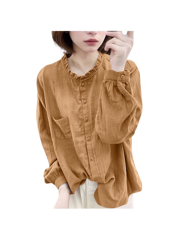 Women's Linen Chiffon Cardigan - Long Sleeve Ruffled Collar Blouse, Vintage Button-Up Shirt for French Elegance & Resort Wear, Loose Fit Summer Tops