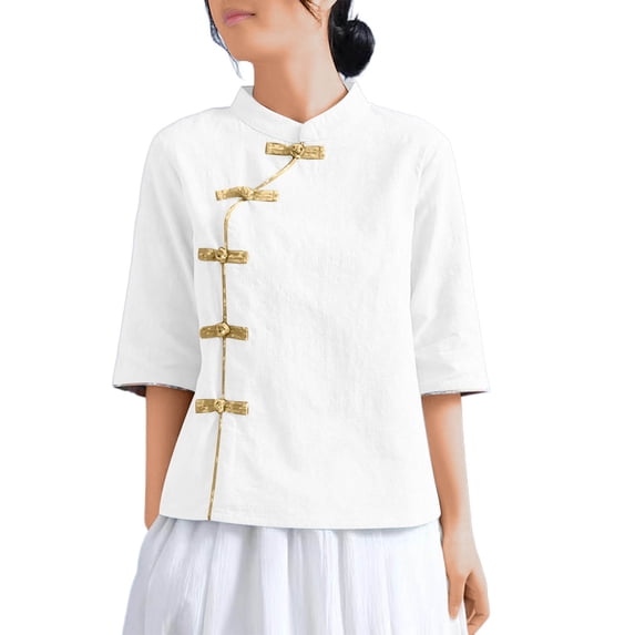 Women's Linen Chinese Traditional Embroidered Jacquard Shirts Half Sleeve Crew Neck Frog Buttons Blouse Tops