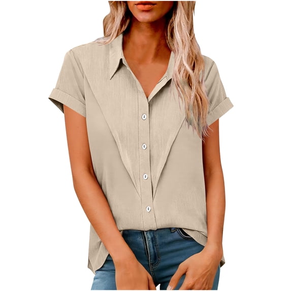 Women's Linen Collared Button down Short Sleeve Shirt 2026 Summer Linen T Shirts Blouses with Pocket 