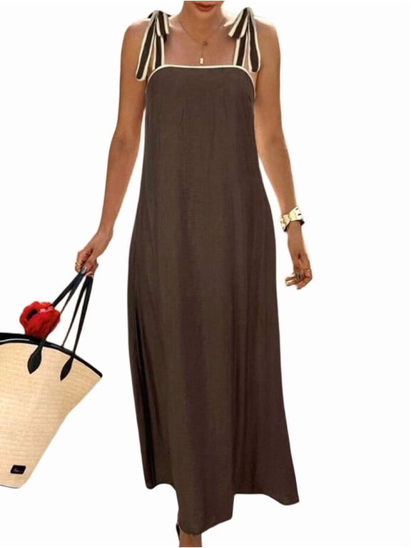 Women's Linen Contrast Spaghetti Strap Backless Dresses Maxi Dress for Summer Casual Beach Party Dark Brown XL