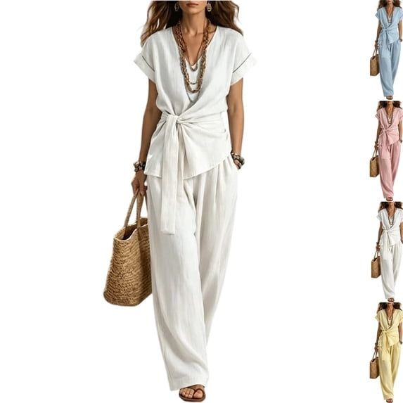 Women's Linen Cotton 2 Piece Pants Sets Dressy Front Twist Knot Short Sleeve Blouse Wide Leg Business Casual Outfits White XL