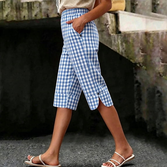 Women's Linen Cotton Blend Checkered Shorts, Mid Rise Elastic Drawstring Waist, Functional Side Pockets, Cool and Lightweight Summer Casual Vacation Beach Travel | CSEONE,Light Blue L