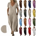 thumbnail image 1 of Women's Linen Cotton Blend Dress with Three Quarter Sleeves Pleated Solid, 1 of 9