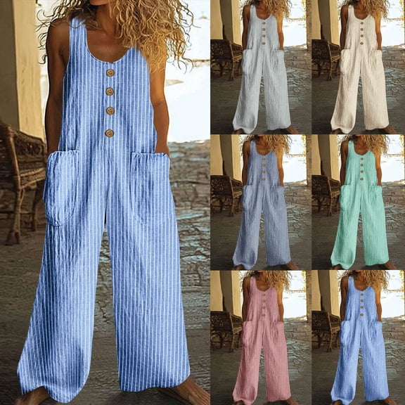 Women's Linen Cotton Blend Sleeveless Casual Wide Leg Jumpsuit, Button Front with Pockets & Comfortable Plain Design, Flattering Loose Fit Romper for Summer Travel, | TruBelle,Beige L