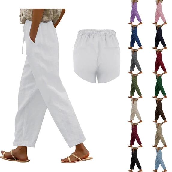 Women's Linen Cotton Blend Trousers with Elastic Waist and Side Slits Comfortable Straight Leg Casual Long Pants