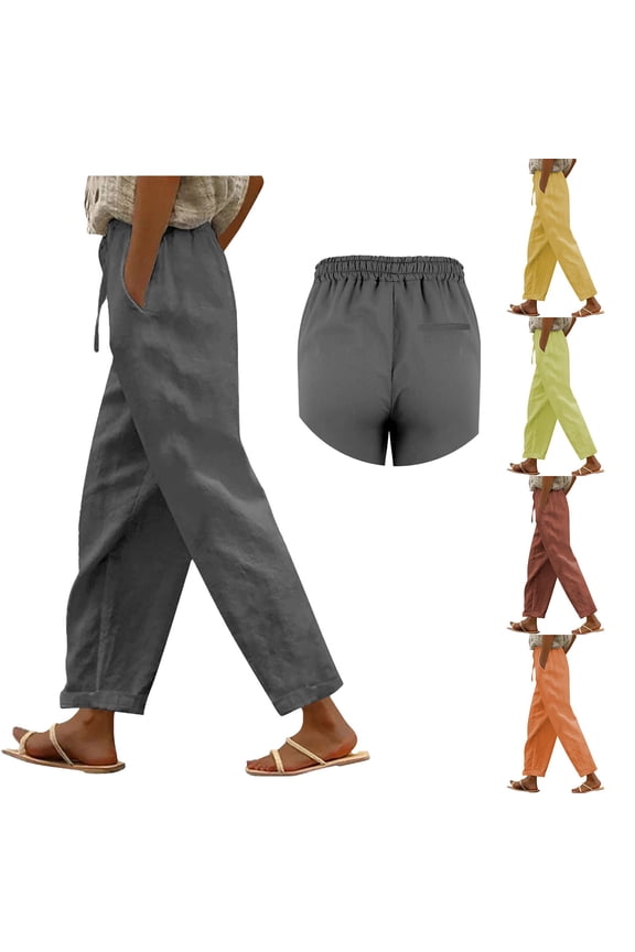 Women's Linen Cotton Blend Trousers with Elastic Waist and Side Slits Comfortable Straight Leg Casual Long Pants