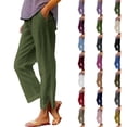 thumbnail image 1 of Women's Linen Cotton Blend Trousers with Elastic Waist and Side Slits Comfortable Straight Leg Casual Long Pants, 1 of 7