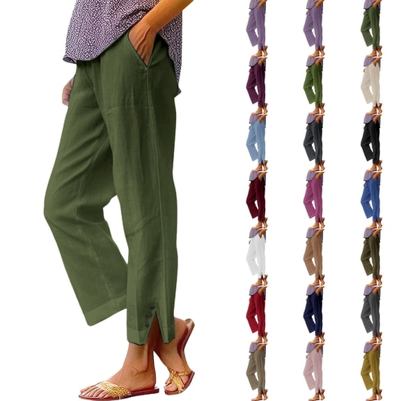 Women's Linen Cotton Blend Trousers with Elastic Waist and Side Slits Comfortable Straight Leg Casual Long Pants