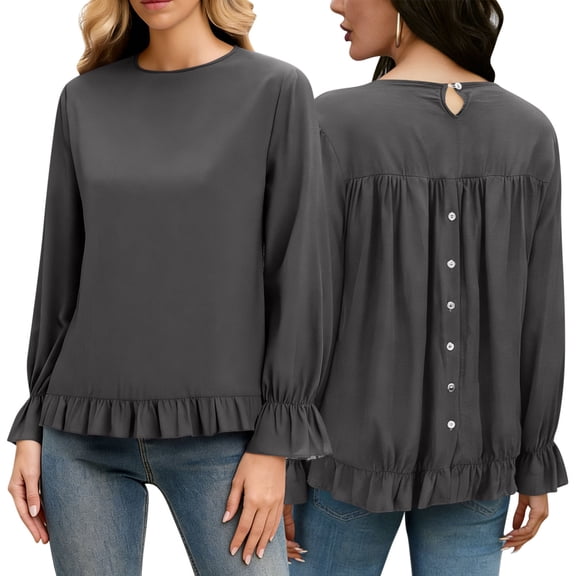 Women's Linen Cotton Long Sleeve Shirt Crew Neck Back Button Blouse with Ruffled Cuffs Loose Fit Casual Top,L,Gray
