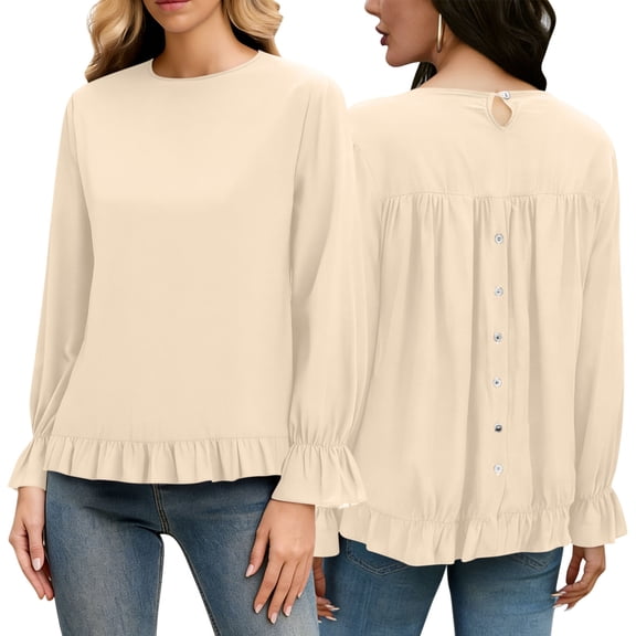 Women's Linen Cotton Long Sleeve Shirt Crew Neck Back Button Blouse with Ruffled Cuffs Loose Fit Casual Top,M,Beige