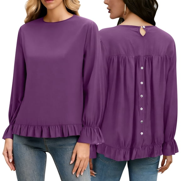 Women's Linen Cotton Long Sleeve Shirt Crew Neck Back Button Blouse with Ruffled Cuffs Loose Fit Casual Top,S,Purple