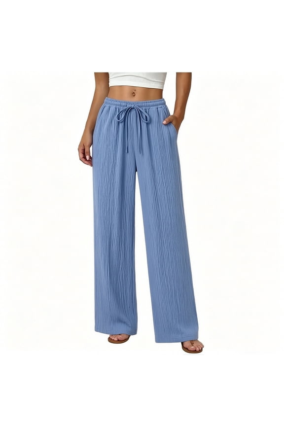 Women's Linen Cotton Pants with Pockets, Mid Elastic Waist Drawstring Wide Leg Long Trousers, Loose Fit Soft Lightweight, Casual Summer Beach Dressy Business Outdoor, Womens
