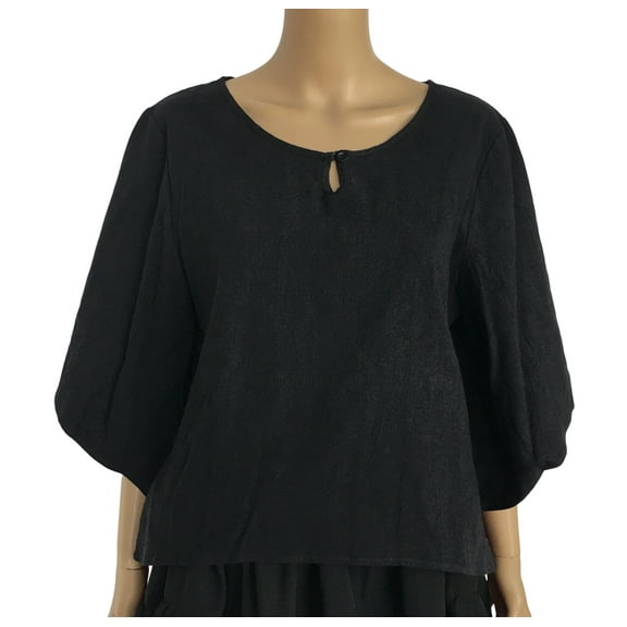 Women's Linen Cotton Pullover Short Sleeves Shirt Loose Black Romantic Blouse
