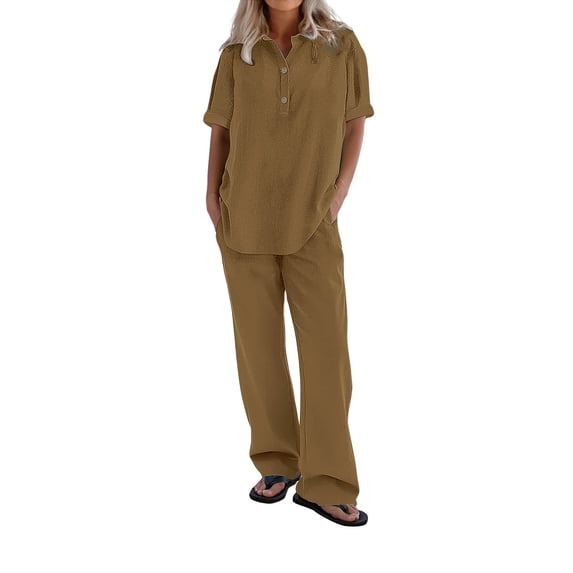 Women's Linen Cotton Set, Short Sleeve V Neck Top with Elastic Waist Pants, Casual Two Piece Outfit, Relaxed Matching Set, Loungewear, Vacation and Daily Wear-Coffee